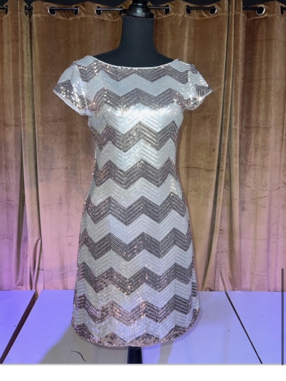 Sequin Chevron Shift Dress Gold and White